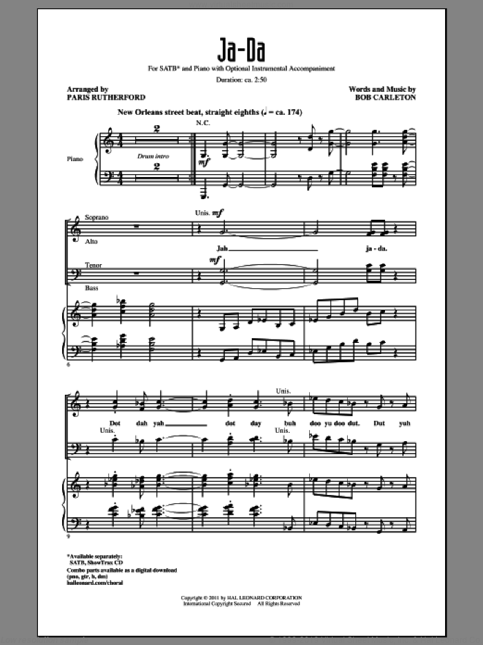 Ja-Da sheet music for choir (SATB: soprano, alto, tenor, bass) by Bob Carleton and Paris Rutherford, intermediate skill level