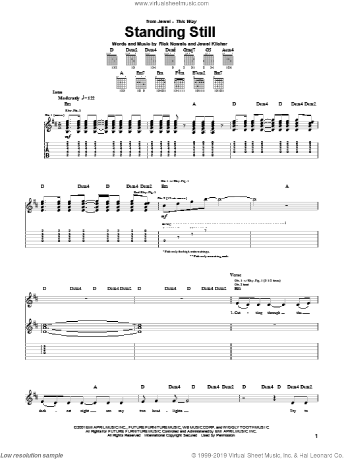 Standing Still sheet music for guitar (tablature) by Jewel, Jewel Kilcher and Rick Nowels, intermediate skill level