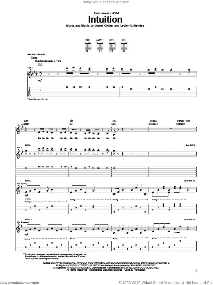 Intuition sheet music for guitar (tablature) by Jewel, Jewel Kilcher and Lester Mendez, intermediate skill level