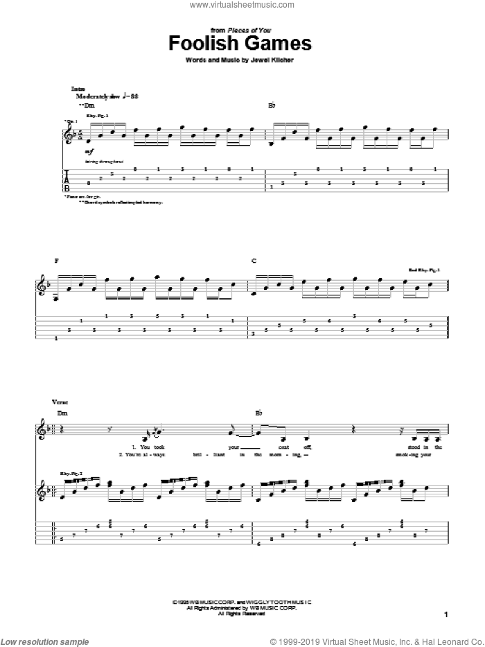 Foolish Games sheet music for guitar (tablature) by Jewel and Jewel Kilcher, intermediate skill level