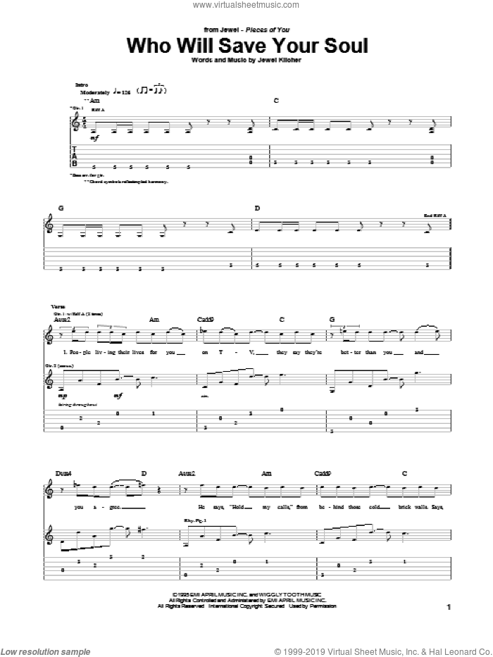 Who Will Save Your Soul sheet music for guitar (tablature) by Jewel and Jewel Kilcher, intermediate skill level