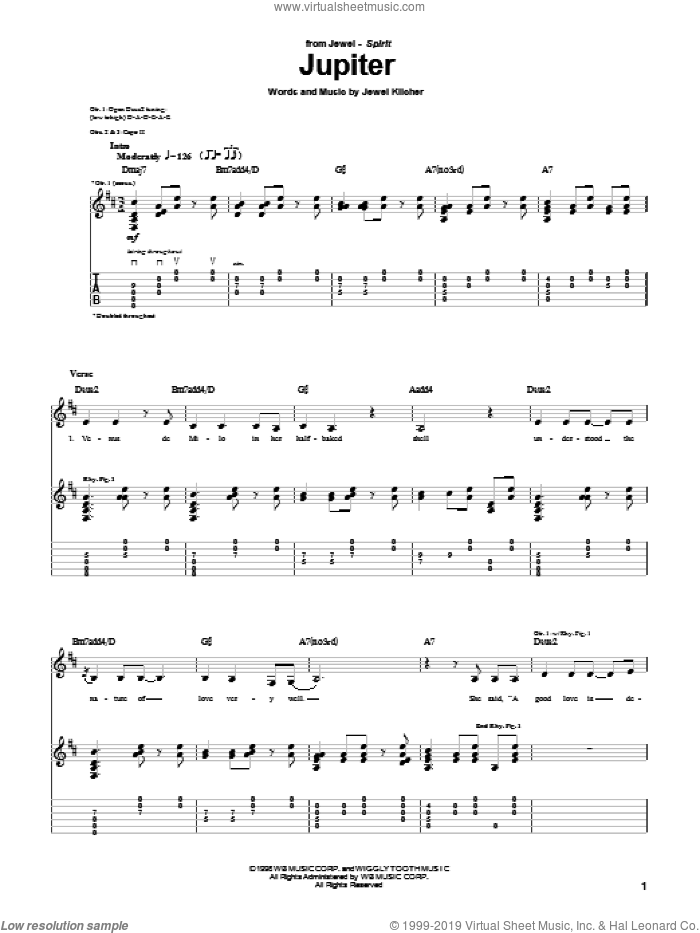 Jupiter sheet music for guitar (tablature) by Jewel and Jewel Kilcher, intermediate skill level