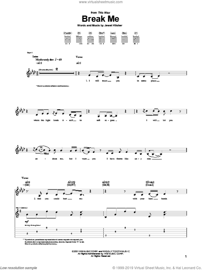 Break Me sheet music for guitar (tablature) by Jewel and Jewel Kilcher, intermediate skill level