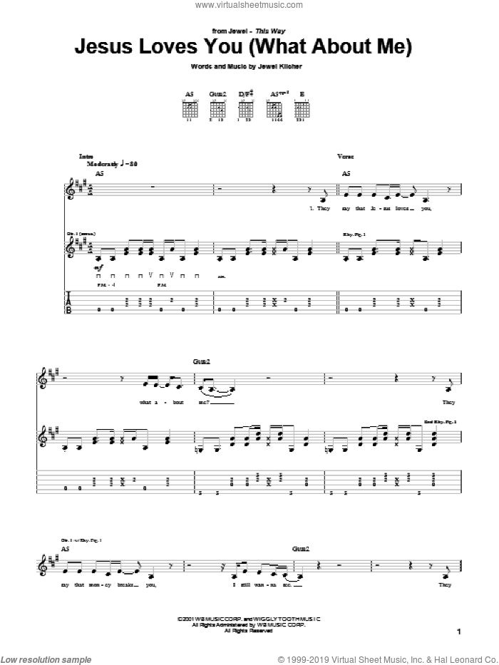 Jesus Loves You (What About Me) sheet music for guitar (tablature) by Jewel and Jewel Kilcher, intermediate skill level