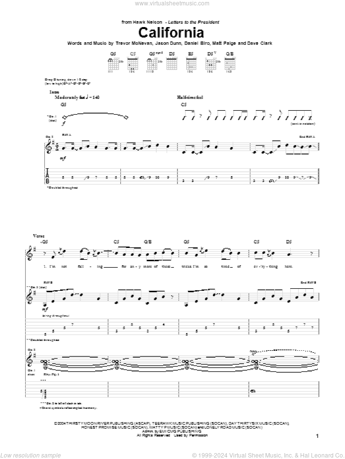 California sheet music for guitar (tablature) by Hawk Nelson, Daniel Biro, Dave Clark, Jason Dunn, Matt Paige and Trevor McNevan, intermediate skill level