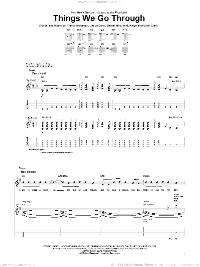 Things We Go Through sheet music for guitar (tablature) by Hawk Nelson, Daniel Biro, Dave Clark, Jason Dunn, Matt Paige and Trevor McNevan, intermediate skill level