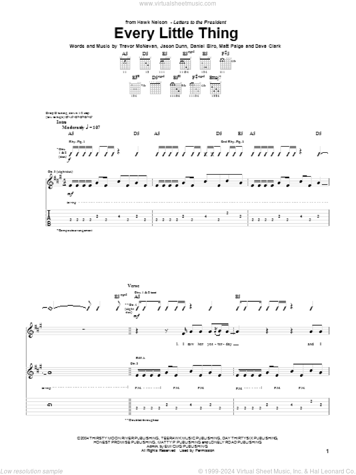 Every Little Thing sheet music for guitar (tablature) by Hawk Nelson, Daniel Biro, Dave Clark, Jason Dunn, Matt Paige and Trevor McNevan, intermediate skill level