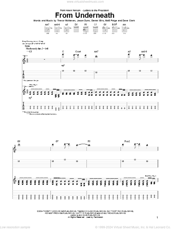 From Underneath sheet music for guitar (tablature) by Hawk Nelson, Daniel Biro, Dave Clark, Jason Dunn, Matt Paige and Trevor McNevan, intermediate skill level