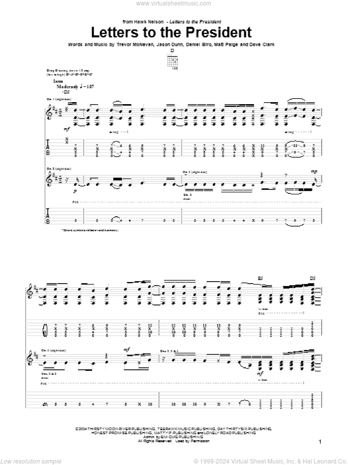 Letters To The President sheet music for guitar (tablature) by Hawk Nelson, Daniel Biro, Dave Clark, Jason Dunn, Matt Paige and Trevor McNevan, intermediate skill level