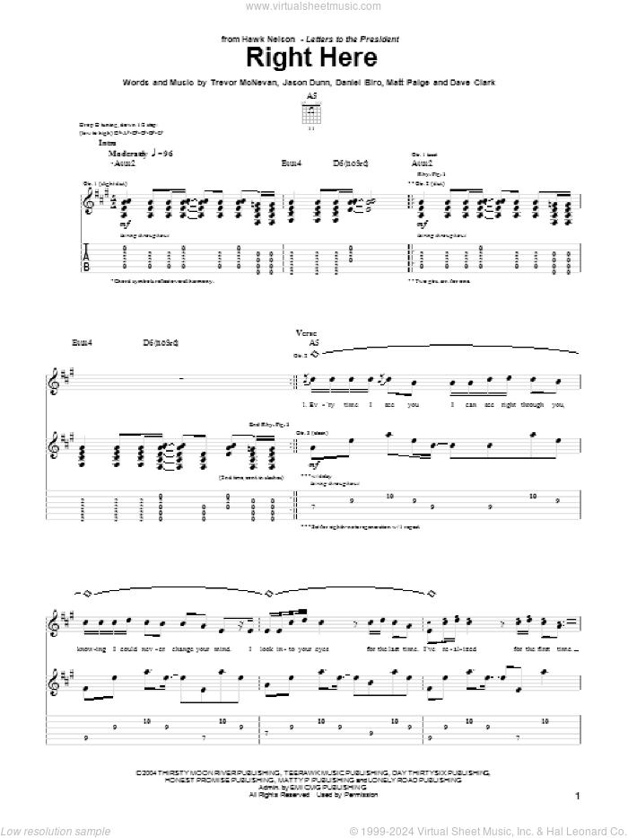 Right Here sheet music for guitar (tablature) by Hawk Nelson, Daniel Biro, Dave Clark, Jason Dunn, Matt Paige and Trevor McNevan, intermediate skill level