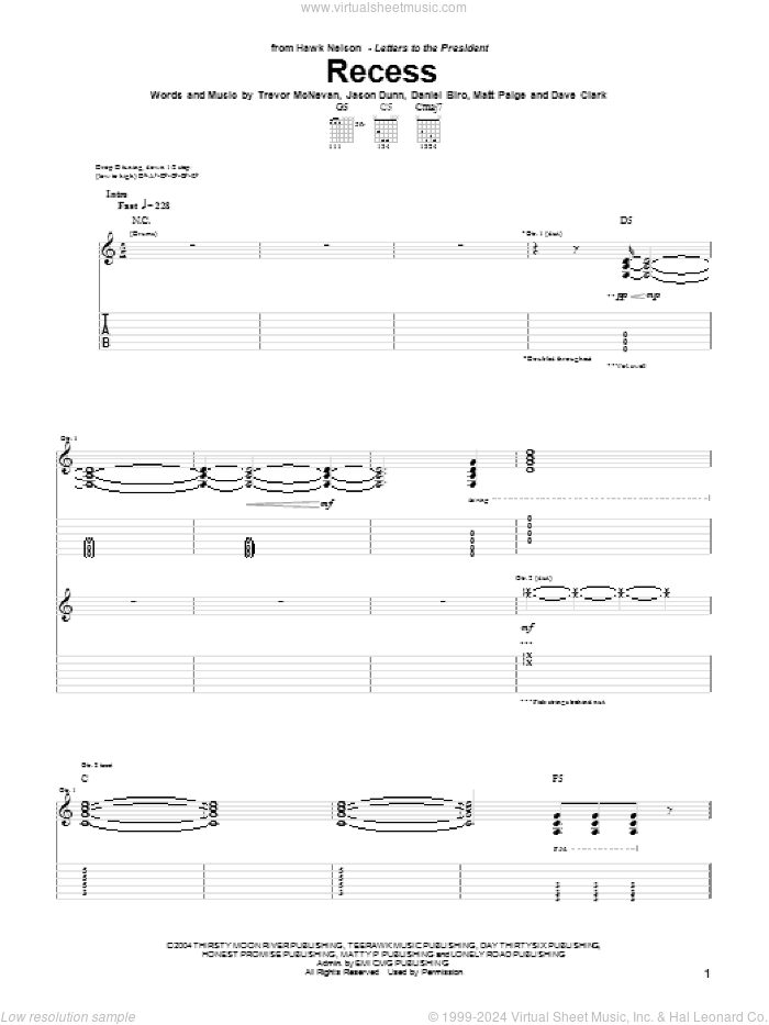 Recess sheet music for guitar (tablature) by Hawk Nelson, Daniel Biro, Dave Clark, Jason Dunn, Matt Paige and Trevor McNevan, intermediate skill level