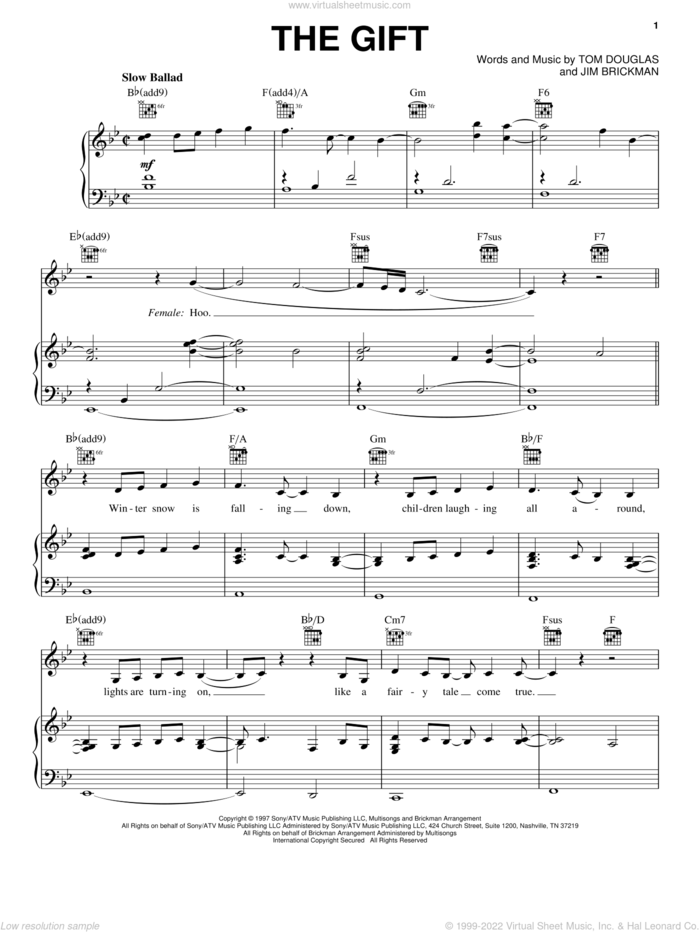 The Gift sheet music for voice, piano or guitar by Jim Brickman, Collin Raye and Tom Douglas, wedding score, intermediate skill level