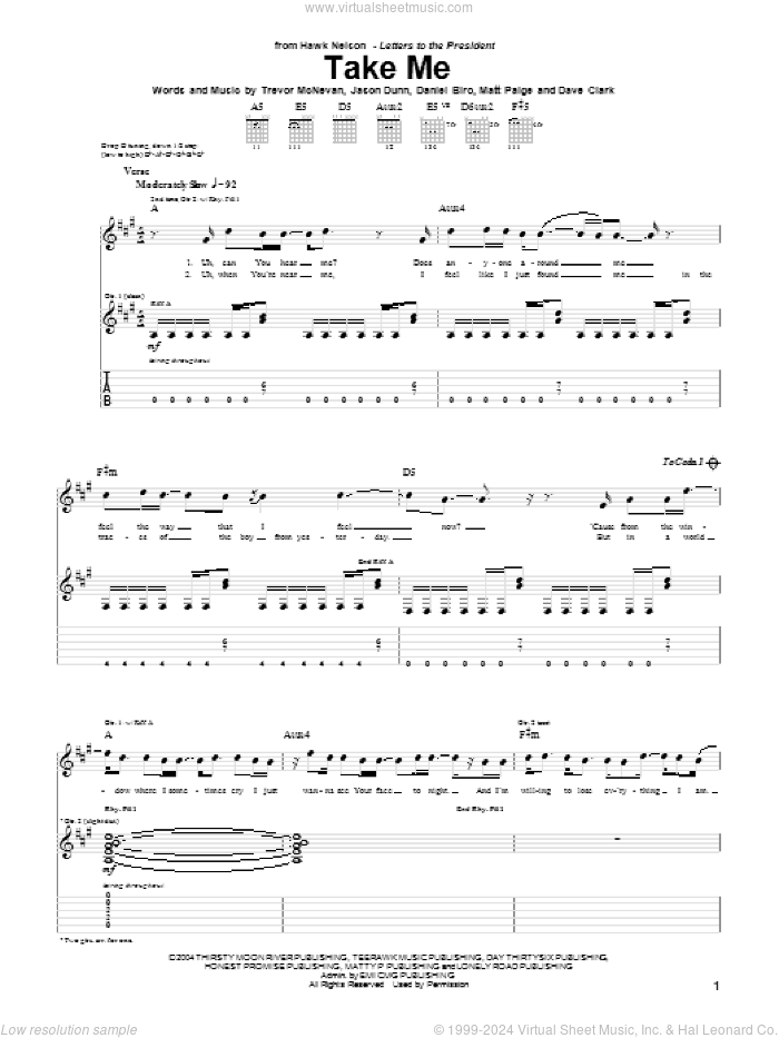 Take Me sheet music for guitar (tablature) by Hawk Nelson, Daniel Biro, Dave Clark, Jason Dunn, Matt Paige and Trevor McNevan, intermediate skill level