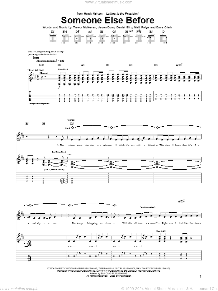 Someone Else Before sheet music for guitar (tablature) by Hawk Nelson, Daniel Biro, Dave Clark, Jason Dunn, Matt Paige and Trevor McNevan, intermediate skill level