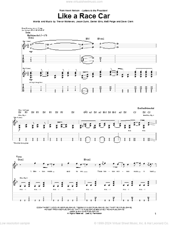 Like A Race Car sheet music for guitar (tablature) by Hawk Nelson, Daniel Biro, Dave Clark, Jason Dunn, Matt Paige and Trevor McNevan, intermediate skill level