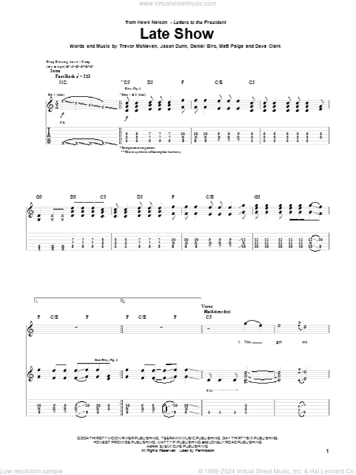 Late Show sheet music for guitar (tablature) by Hawk Nelson, Daniel Biro, Dave Clark, Jason Dunn, Matt Paige and Trevor McNevan, intermediate skill level