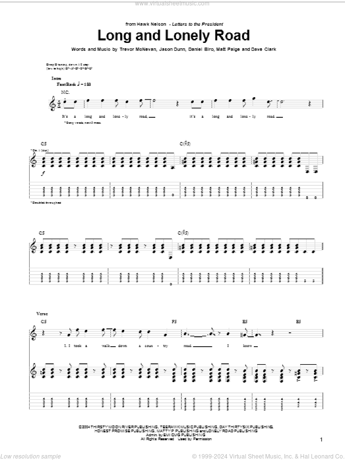 Long And Lonely Road sheet music for guitar (tablature) by Hawk Nelson, Daniel Biro, Dave Clark, Jason Dunn, Matt Paige and Trevor McNevan, intermediate skill level