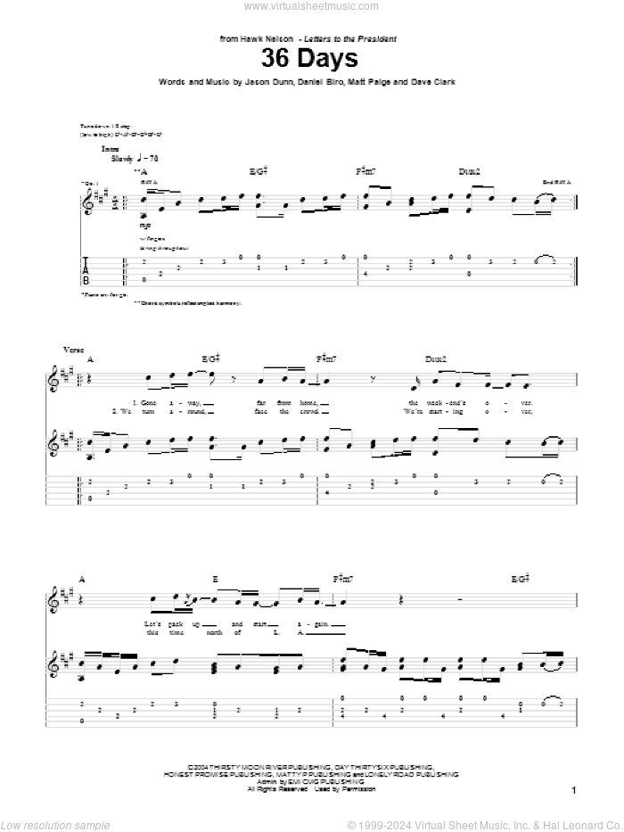 36 Days sheet music for guitar (tablature) by Hawk Nelson, Daniel Biro, Dave Clark, Jason Dunn and Matt Paige, intermediate skill level