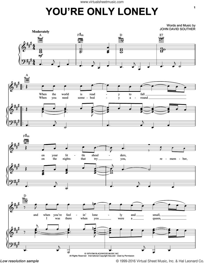 You're Only Lonely sheet music for voice, piano or guitar by John David Souther, intermediate skill level