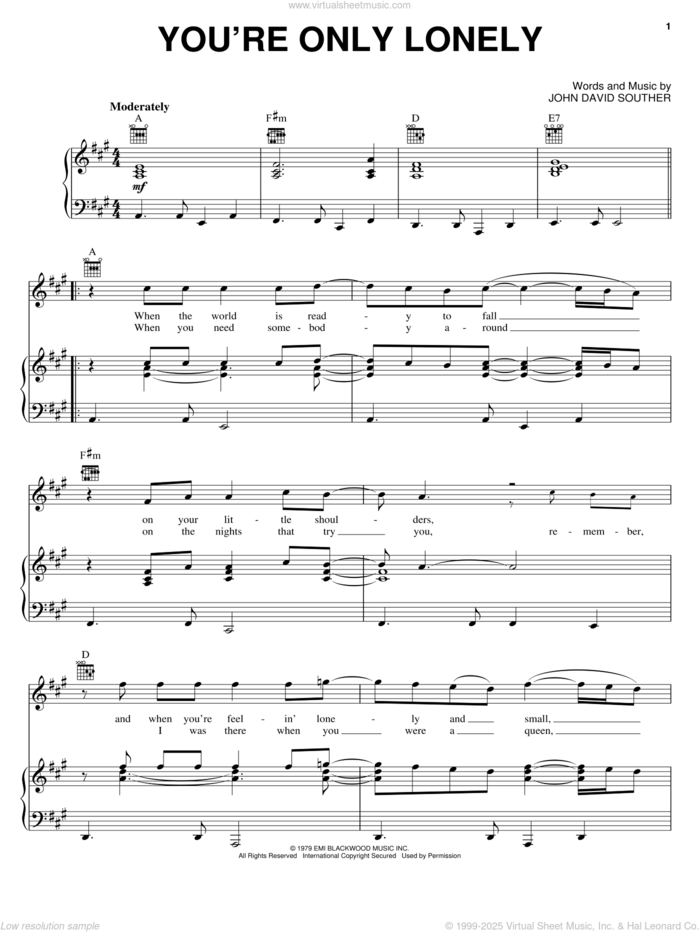 You're Only Lonely sheet music for voice, piano or guitar by John David Souther, intermediate skill level