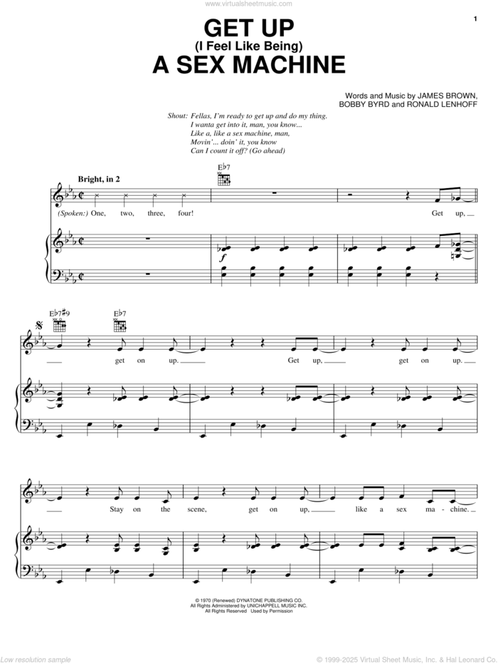 Get Up (I Feel Like Being) A Sex Machine sheet music for voice, piano or guitar by James Brown, Bobby Byrd and Ronald Lenhoff, intermediate skill level