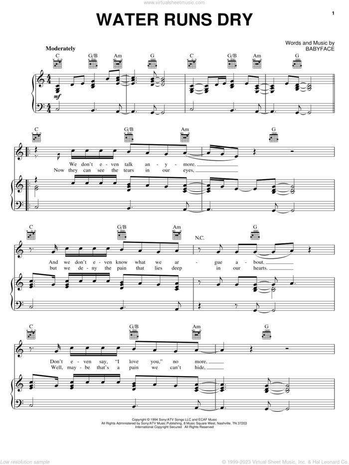 Water Runs Dry sheet music for voice, piano or guitar by Boyz II Men and Babyface, intermediate skill level