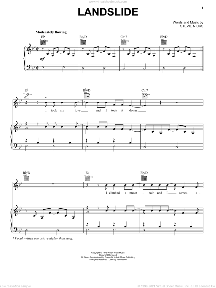 Landslide sheet music for voice, piano or guitar by Fleetwood Mac, Dixie Chicks, The Chicks, The Smashing Pumpkins and Stevie Nicks, intermediate skill level