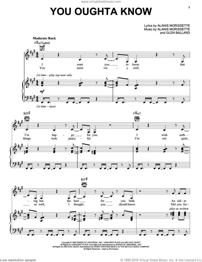 You Oughta Know sheet music for voice, piano or guitar by Alanis Morissette and Glen Ballard, intermediate skill level