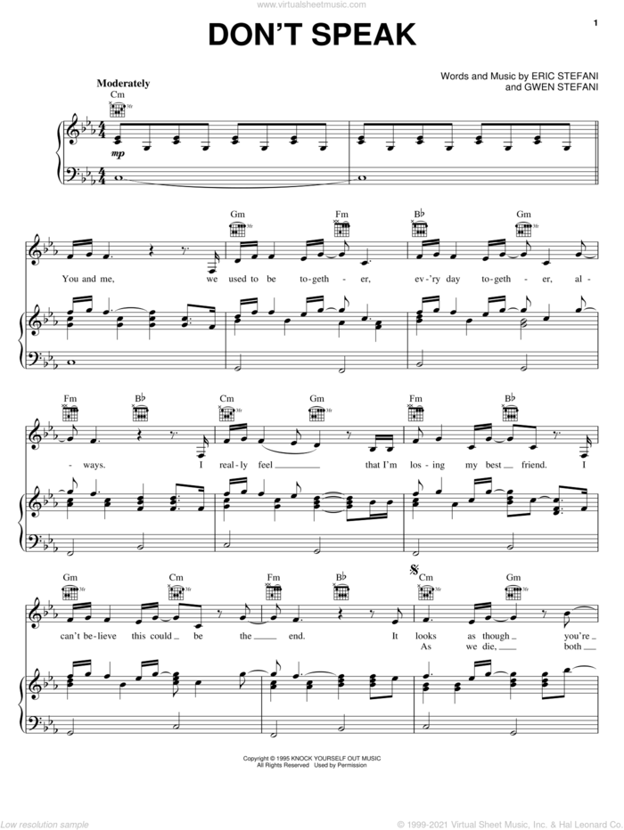 Don't Speak sheet music for voice, piano or guitar by No Doubt, Eric Stefani and Gwen Stefani, intermediate skill level