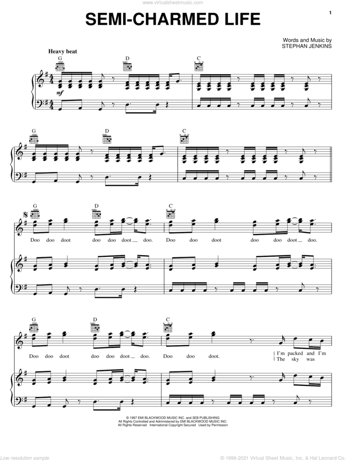Semi-Charmed Life sheet music for voice, piano or guitar by Third Eye Blind and Stephan Jenkins, intermediate skill level