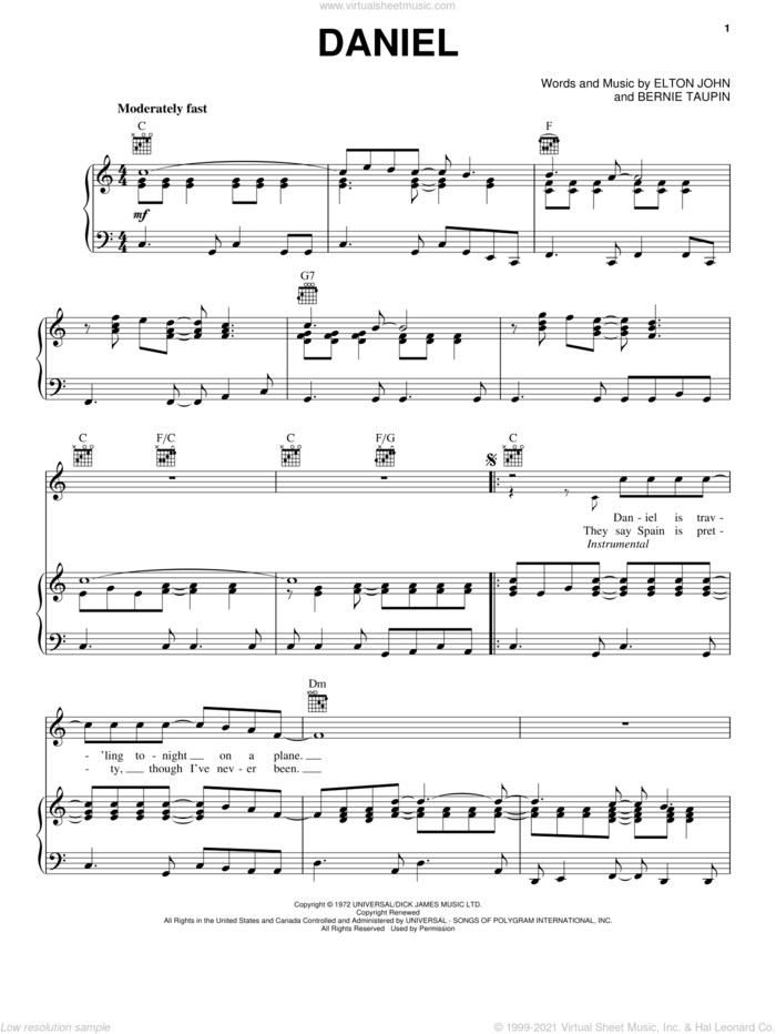 Daniel sheet music for voice, piano or guitar by Elton John and Bernie Taupin, intermediate skill level