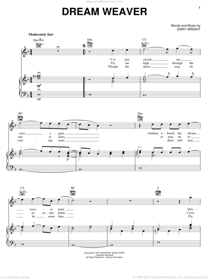 Dream Weaver sheet music for voice, piano or guitar by Gary Wright and Toy Story 3 (Movie), intermediate skill level