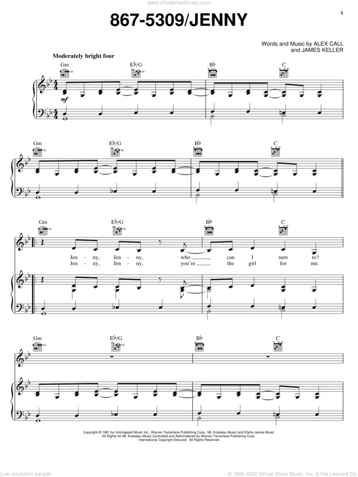 867-5309/Jenny sheet music for voice, piano or guitar by Tommy Tutone, Alex Call and James Keller, intermediate skill level