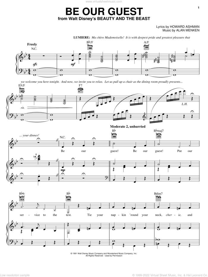 Be Our Guest (from Beauty And The Beast) sheet music for voice, piano or guitar by Alan Menken, Beauty And The Beast, Alan Menken & Howard Ashman and Howard Ashman, intermediate skill level