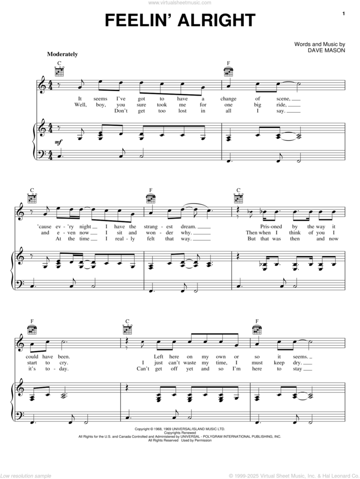 Feelin' Alright sheet music for voice, piano or guitar by Joe Cocker, Traffic and Dave Mason, intermediate skill level