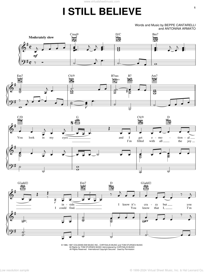 I Still Believe sheet music for voice, piano or guitar by Mariah Carey, Antonina Armato and Beppe Cantarelli, intermediate skill level