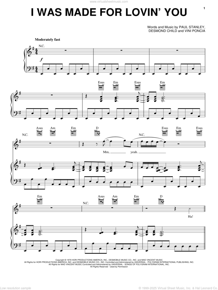 I Was Made For Lovin' You sheet music for voice, piano or guitar by KISS, Desmond Child, Paul Stanley and Vini Poncia, intermediate skill level