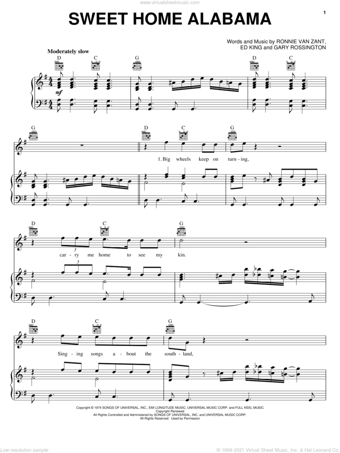 Sweet Home Alabama sheet music for voice, piano or guitar by Lynyrd Skynyrd, Alabama, Edward King, Gary Rossington and Ronnie Van Zant, intermediate skill level
