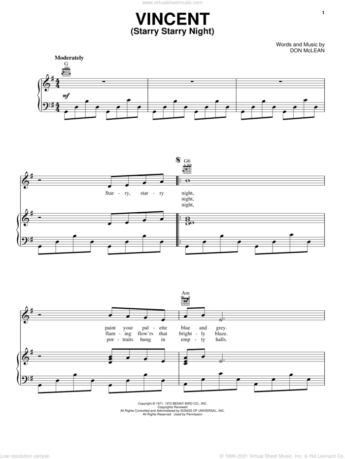 Vincent (Starry Starry Night) sheet music for voice, piano or guitar by Don McLean, intermediate skill level
