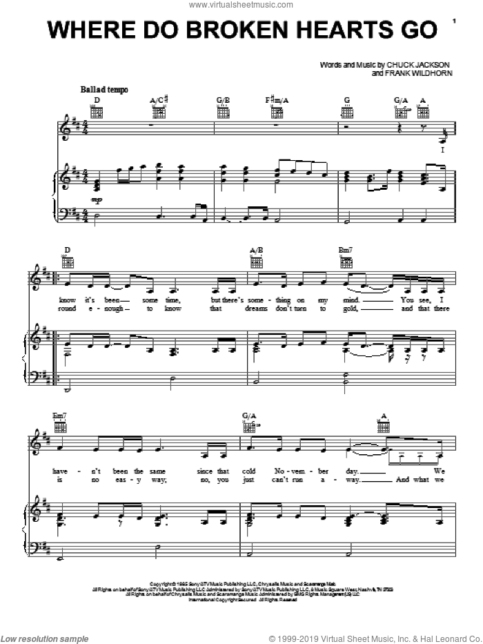Where Do Broken Hearts Go sheet music for voice, piano or guitar by Whitney Houston, Chuck Jackson and Frank Wildhorn, intermediate skill level