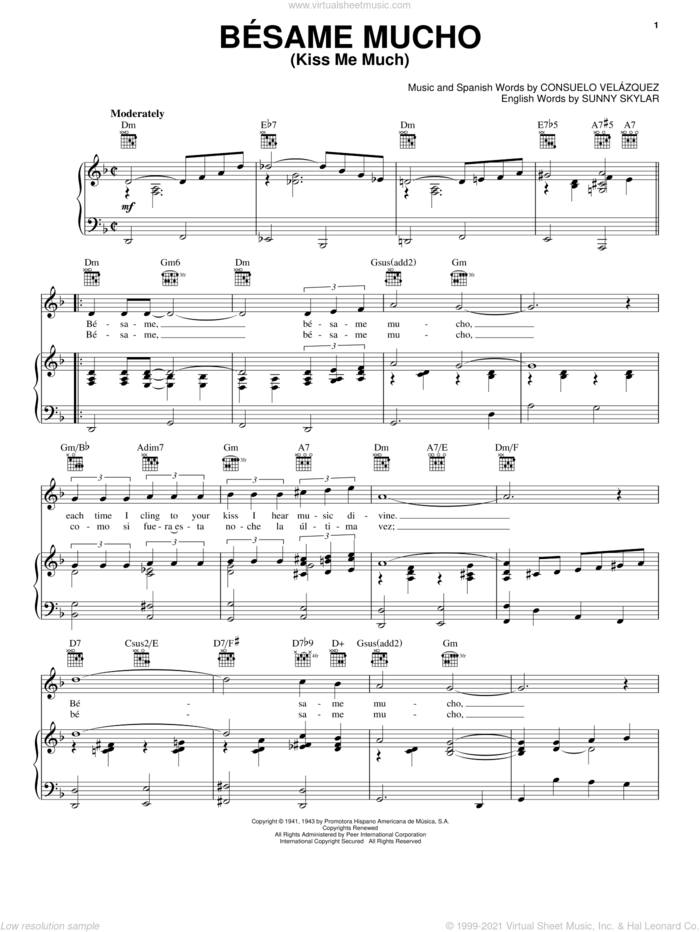 Besame Mucho (Kiss Me Much) sheet music for voice, piano or guitar by Diana Krall, Consuelo Velazquez and Sunny Skylar, intermediate skill level