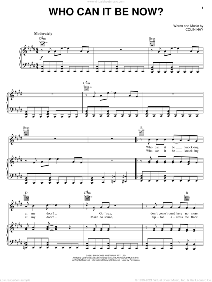 Who Can It Be Now? sheet music for voice, piano or guitar by Men At Work and Colin Hay, intermediate skill level