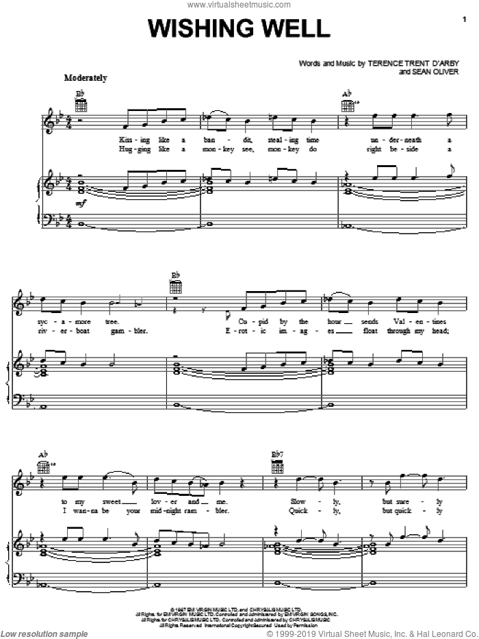 Wishing Well sheet music for voice, piano or guitar by Terence Trent D'Arby and Sean Oliver, intermediate skill level