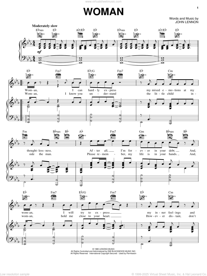 Woman sheet music for voice, piano or guitar by John Lennon, intermediate skill level