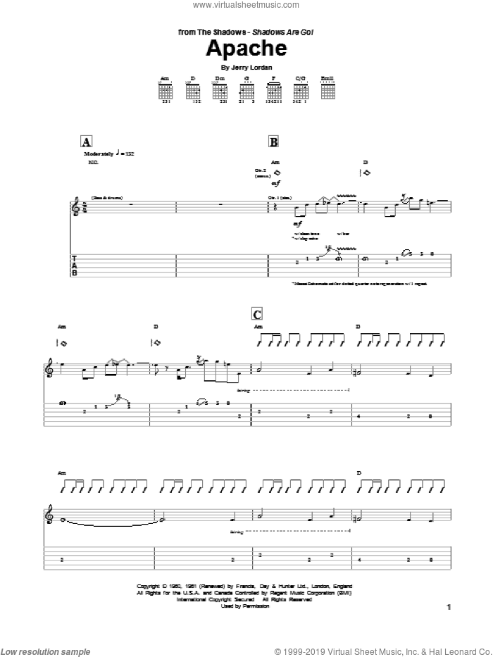 Apache sheet music for guitar (tablature) by The Shadows, Jorgen Ingmann and Jerry Lordan, intermediate skill level
