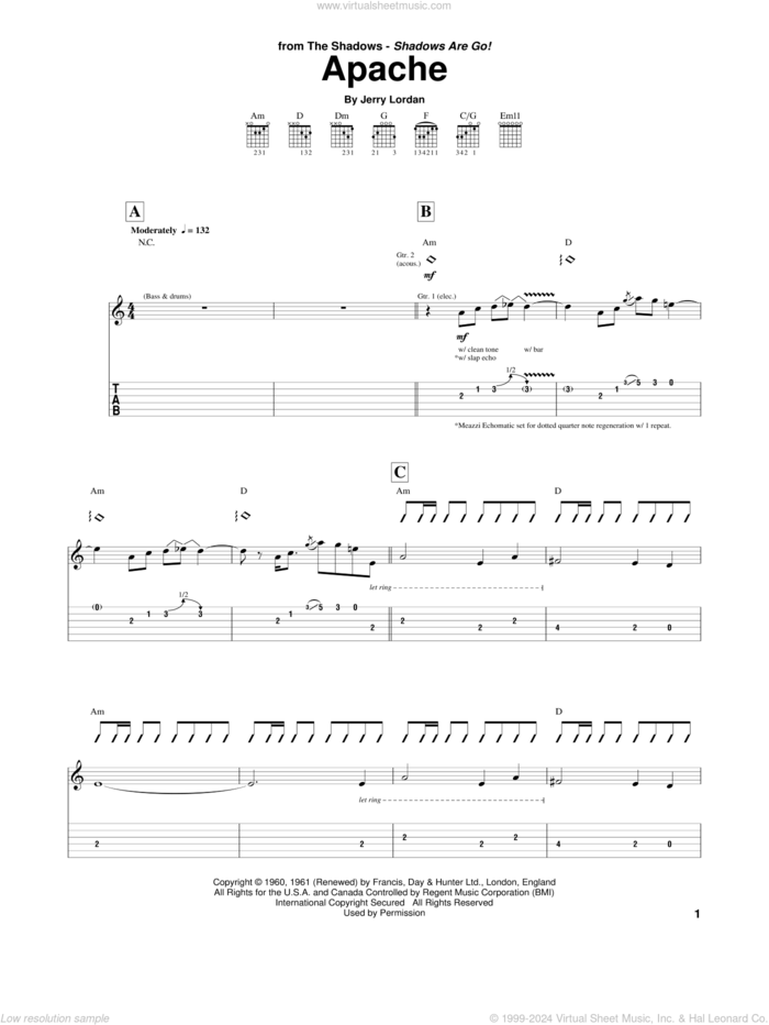 Apache sheet music for guitar (tablature) by The Shadows, Jorgen Ingmann and Jerry Lordan, intermediate skill level