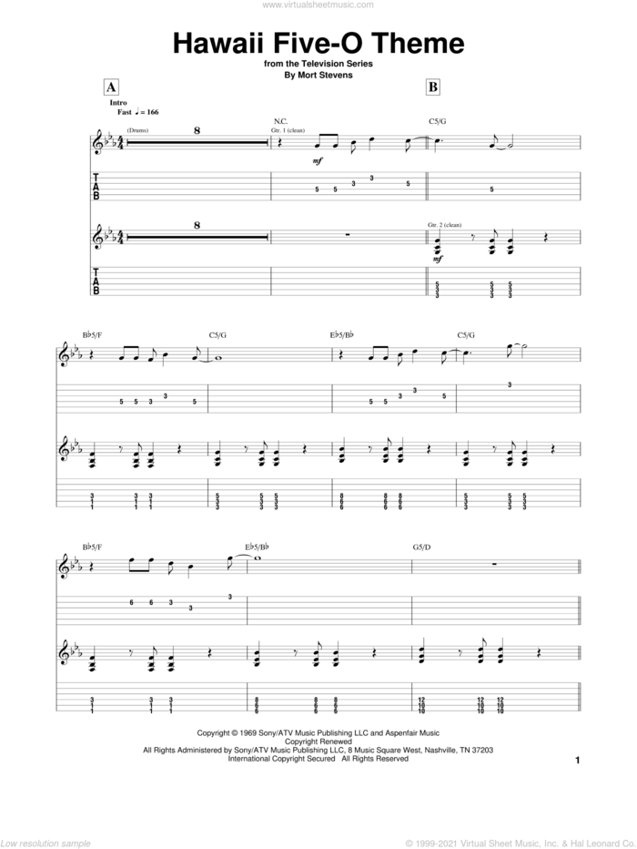 Hawaii Five-O Theme sheet music for guitar (tablature) by The Ventures and Mort Stevens, intermediate skill level