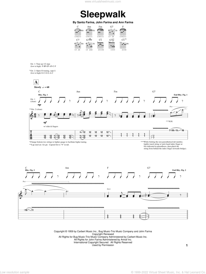 Sleepwalk sheet music for guitar (tablature) by Santo & Johnny, Ann Farina, John Farina and Santo Farina, intermediate skill level