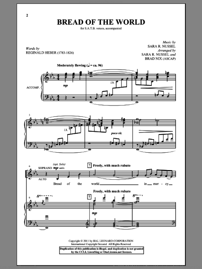 Bread Of The World sheet music for choir (SATB: soprano, alto, tenor, bass) by Reginald Heber, Sara R. Nussel and Brad Nix, intermediate skill level