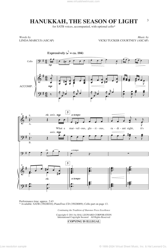 Hanukkah, The Season Of Light sheet music for choir (SATB: soprano, alto, tenor, bass) by Vicki Tucker Courtney and Linda Marcus, intermediate skill level